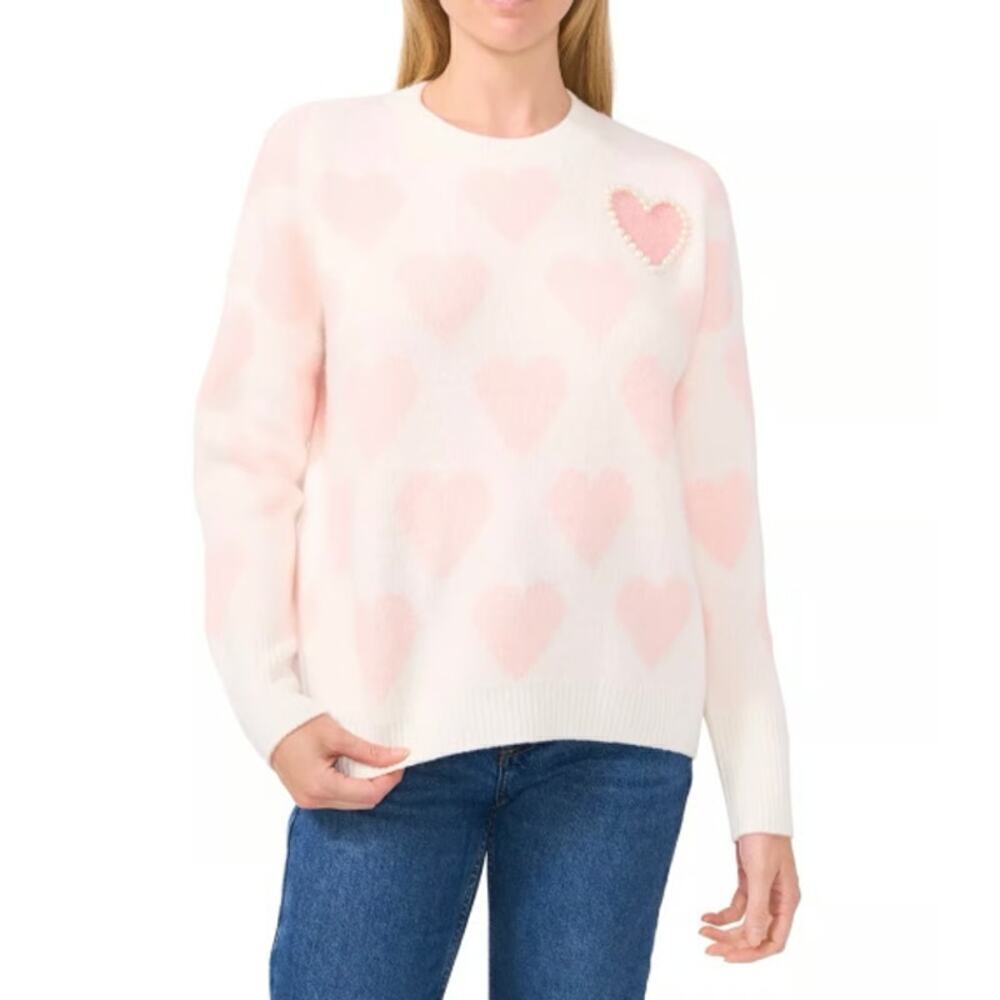 Vince Camuto Pink Heart Pearl Crewneck Sweater Size L